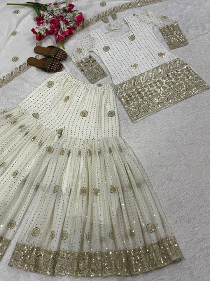 Premium Fox Georgette Silk Top, Sharara Plazzo & Dupatta – Sequins & Embroidery Work