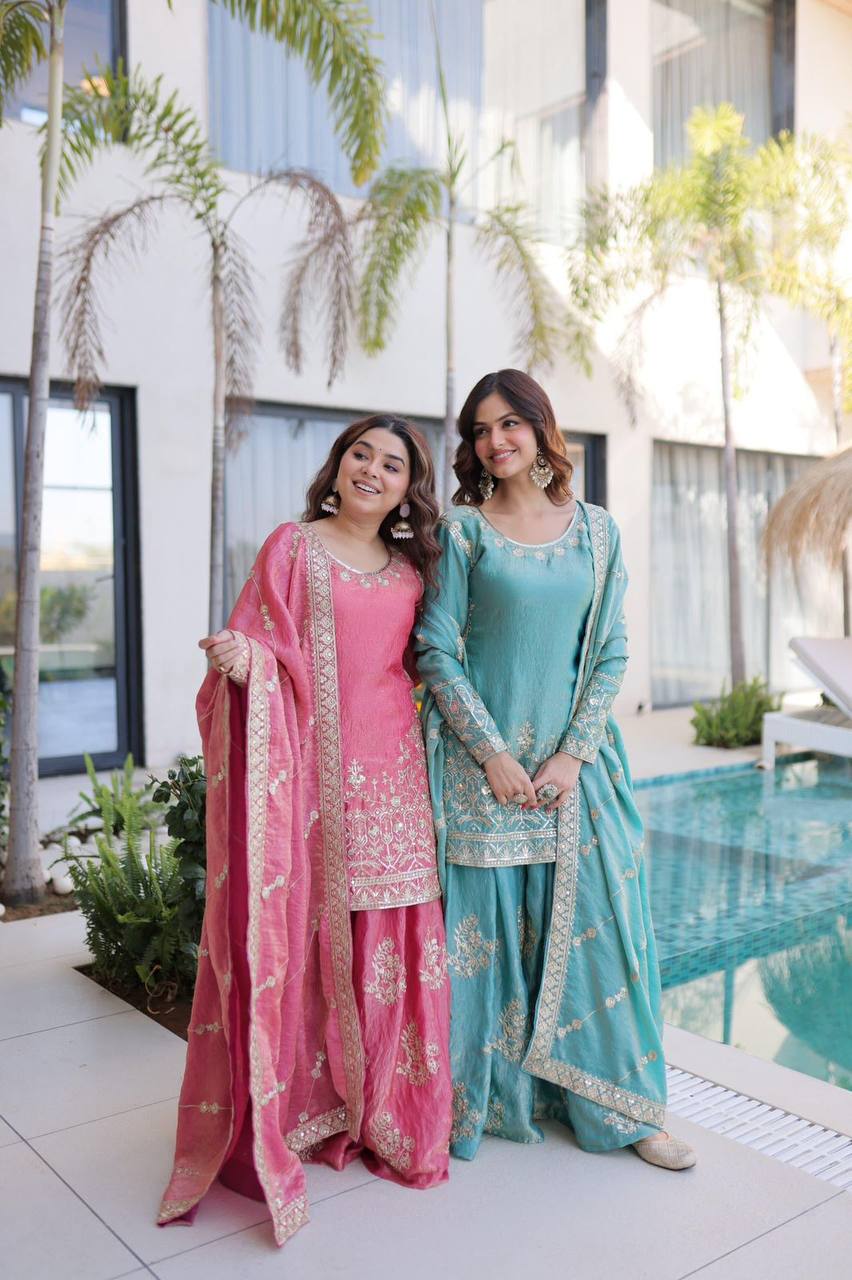 Premium Fendi Crush Kurti, Sharara & Dupatta – Zari & Sequins Embroidery