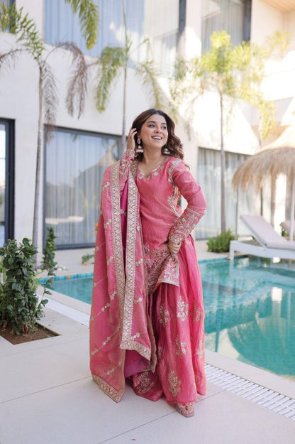 Premium Fendi Crush Kurti, Sharara & Dupatta – Zari & Sequins Embroidery