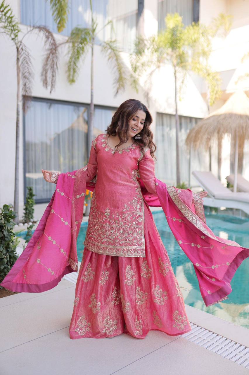 Premium Fendi Crush Kurti, Sharara & Dupatta – Zari & Sequins Embroidery