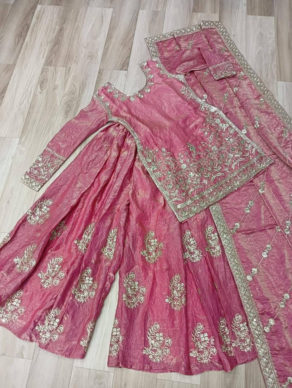 Premium Fendi Crush Kurti, Sharara & Dupatta – Zari & Sequins Embroidery