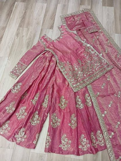 Premium Fendi Crush Kurti, Sharara & Dupatta – Zari & Sequins Embroidery