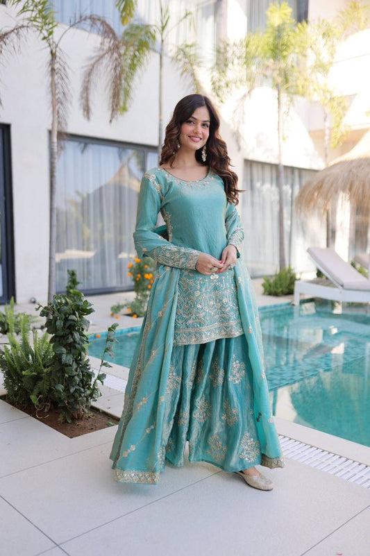 Premium Fendi Crush Kurti, Sharara & Dupatta – Zari & Sequins Embroidery