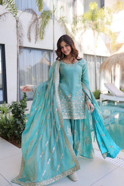 Premium Fendi Crush Kurti, Sharara & Dupatta – Zari & Sequins Embroidery