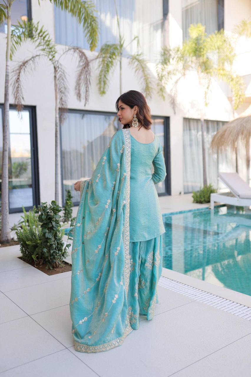 Premium Fendi Crush Kurti, Sharara & Dupatta – Zari & Sequins Embroidery
