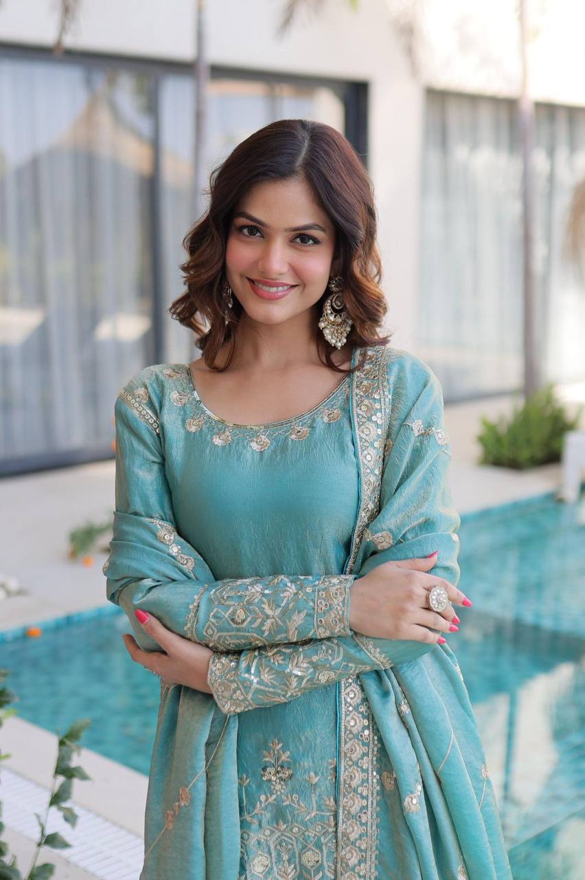 Premium Fendi Crush Kurti, Sharara & Dupatta – Zari & Sequins Embroidery
