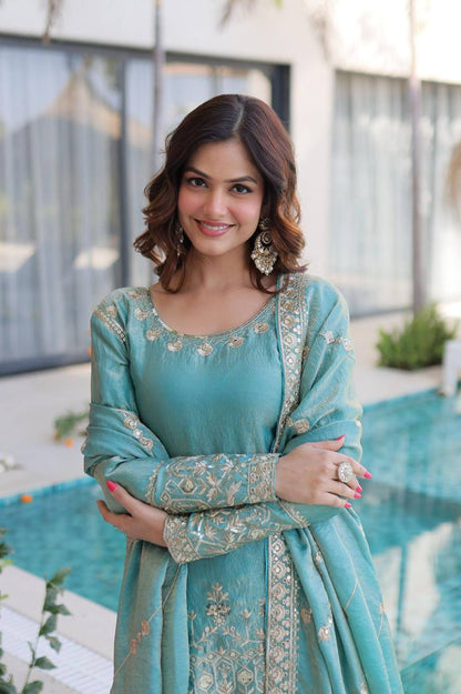 Premium Fendi Crush Kurti, Sharara & Dupatta – Zari & Sequins Embroidery