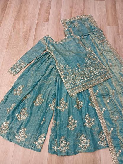 Premium Fendi Crush Kurti, Sharara & Dupatta – Zari & Sequins Embroidery