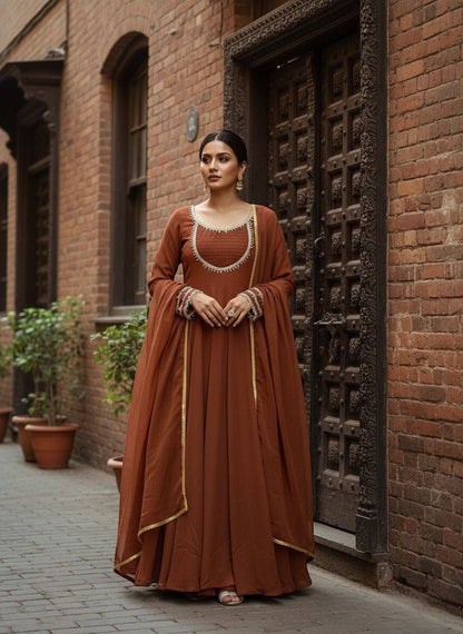 Premium Fox Georgette Gown, Pant & Dupatta – Handwork Moti Lace & Sequins Border
