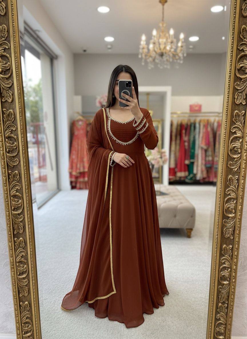 Premium Fox Georgette Gown, Pant & Dupatta – Handwork Moti Lace & Sequins Border