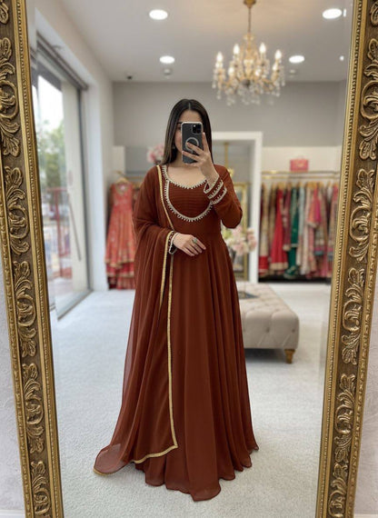 Premium Fox Georgette Gown, Pant & Dupatta – Handwork Moti Lace & Sequins Border