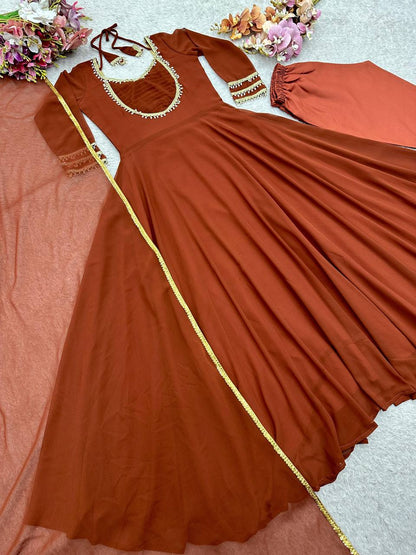 Premium Fox Georgette Gown, Pant & Dupatta – Handwork Moti Lace & Sequins Border
