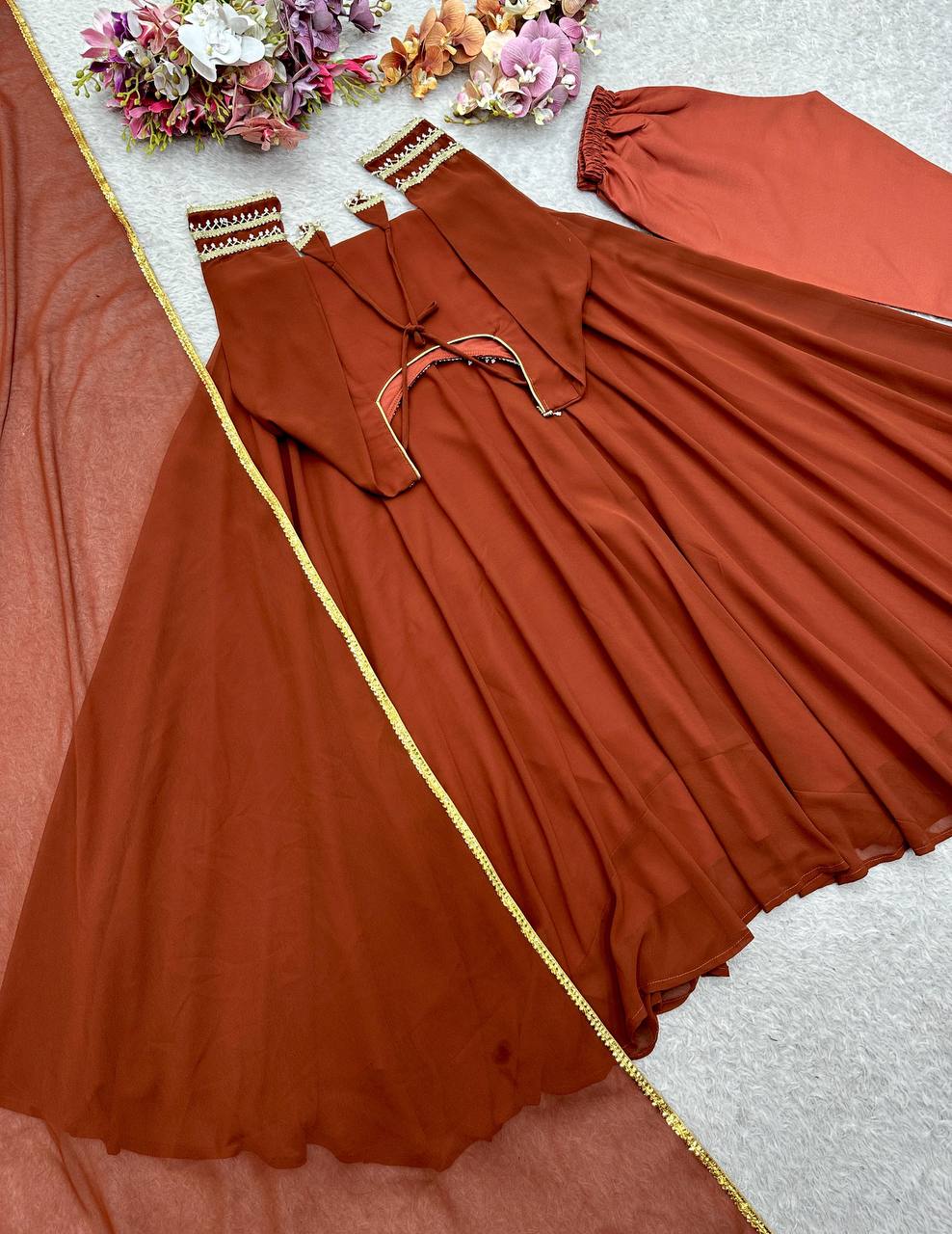 Premium Fox Georgette Gown, Pant & Dupatta – Handwork Moti Lace & Sequins Border
