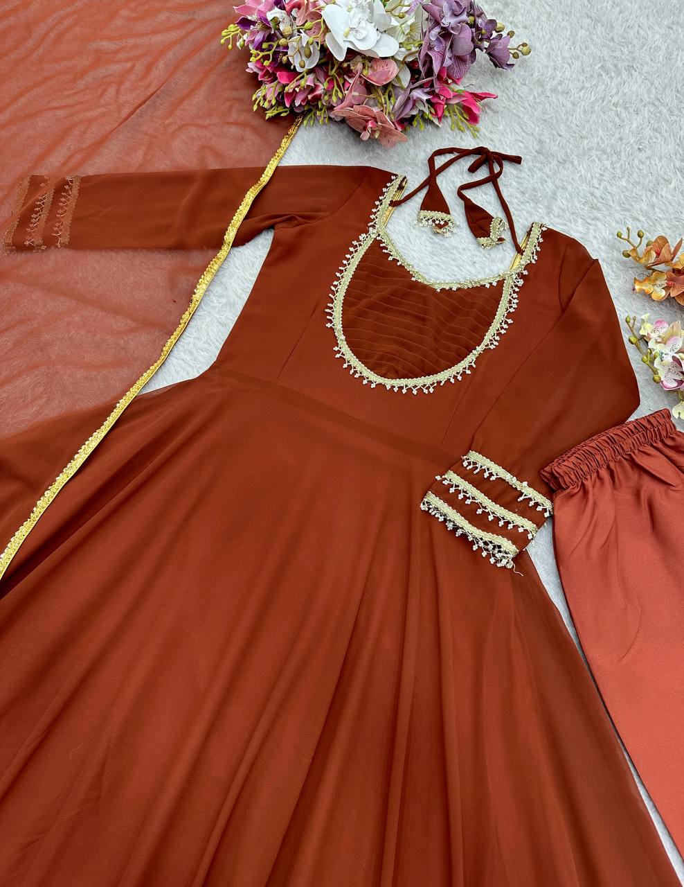 Premium Fox Georgette Gown, Pant & Dupatta – Handwork Moti Lace & Sequins Border