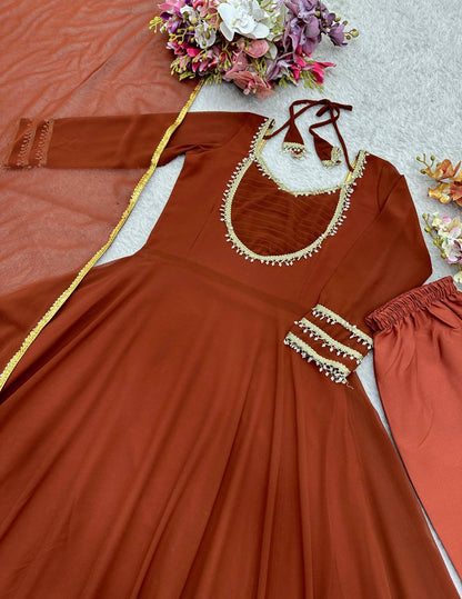 Premium Fox Georgette Gown, Pant & Dupatta – Handwork Moti Lace & Sequins Border