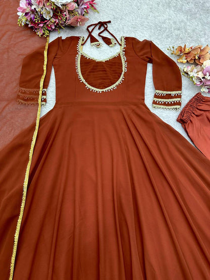 Premium Fox Georgette Gown, Pant & Dupatta – Handwork Moti Lace & Sequins Border