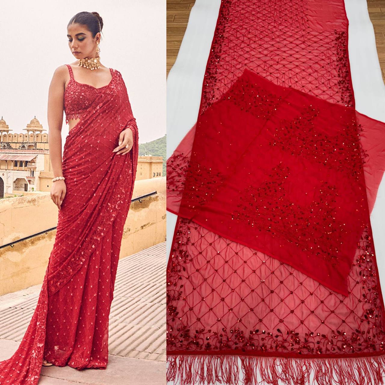 Premium Faux Georgette Bollywood Saree – Heavy Sequins & Multi Embroidery Work
