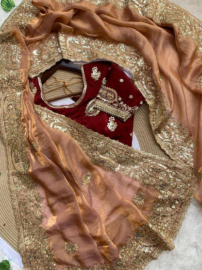 Premium Fendy Satin Saree – Heavy Sequins Border & Embroidery Work
