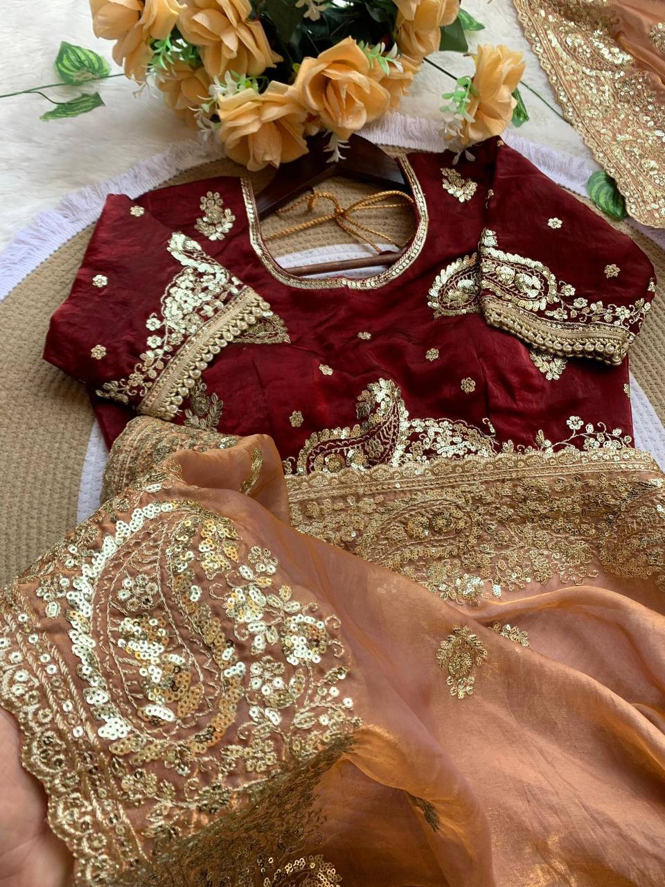 Premium Fendy Satin Saree – Heavy Sequins Border & Embroidery Work