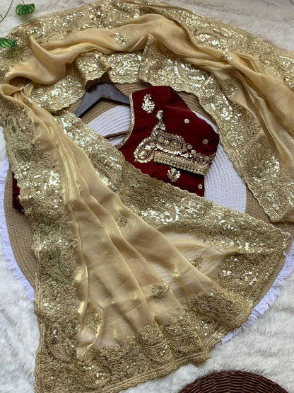 Premium Fendy Satin Saree – Heavy Sequins Border & Embroidery Work