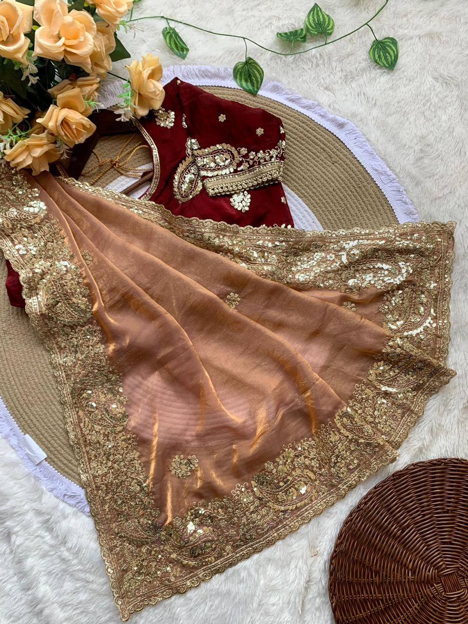 Premium Fendy Satin Saree – Heavy Sequins Border & Embroidery Work