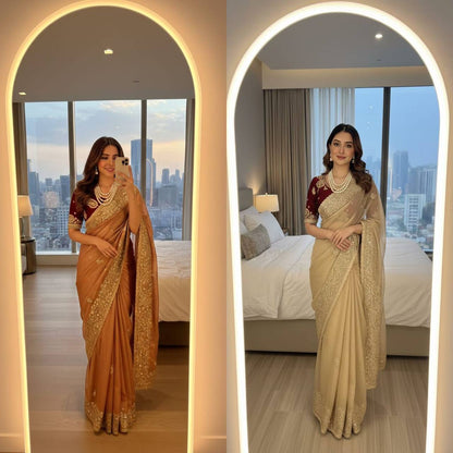 Premium Fendy Satin Saree – Heavy Sequins Border & Embroidery Work