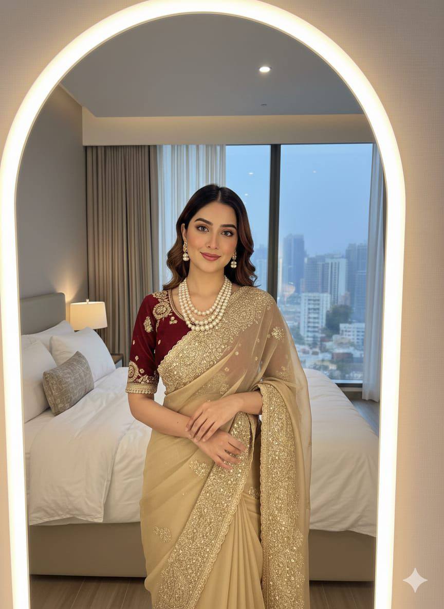 Premium Fendy Satin Saree – Heavy Sequins Border & Embroidery Work