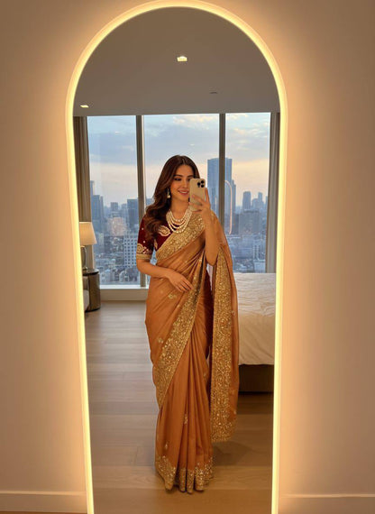 Premium Fendy Satin Saree – Heavy Sequins Border & Embroidery Work