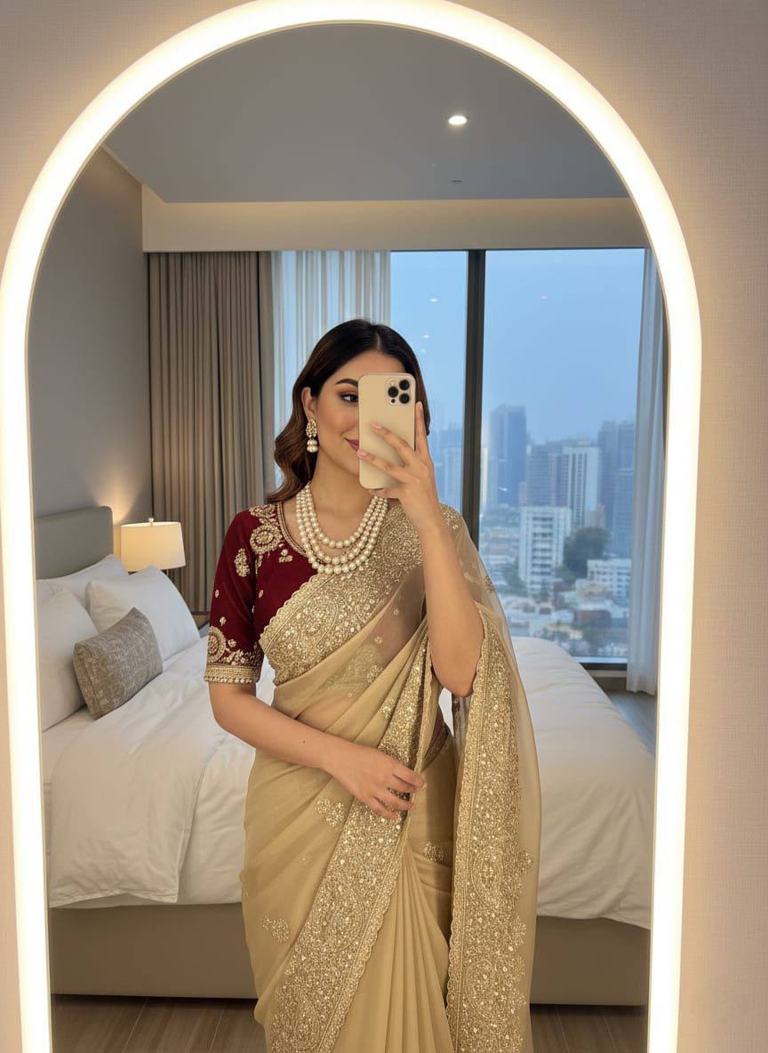 Premium Fendy Satin Saree – Heavy Sequins Border & Embroidery Work