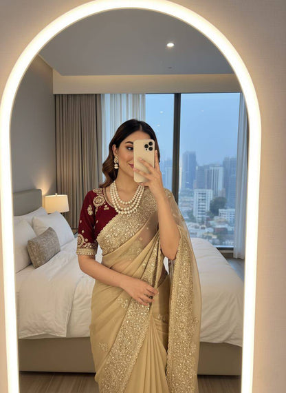 Premium Fendy Satin Saree – Heavy Sequins Border & Embroidery Work