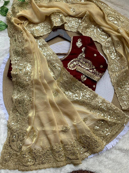 Premium Fendy Satin Saree – Heavy Sequins Border & Embroidery Work