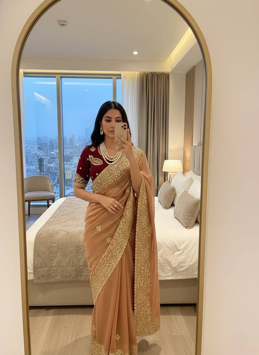 Premium Fendy Satin Saree – Heavy Sequins Border & Embroidery Work