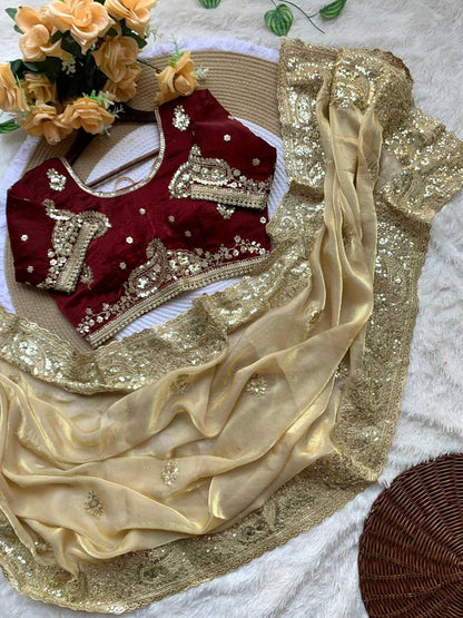 Premium Fendy Satin Saree – Heavy Sequins Border & Embroidery Work