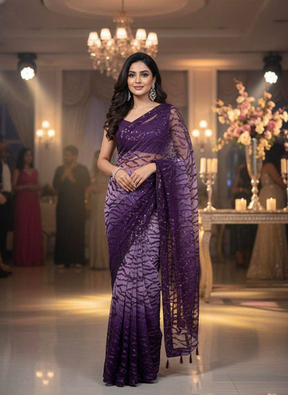 Limited Edition Ombre Imported Fabric Saree – Heavy Sequins Work