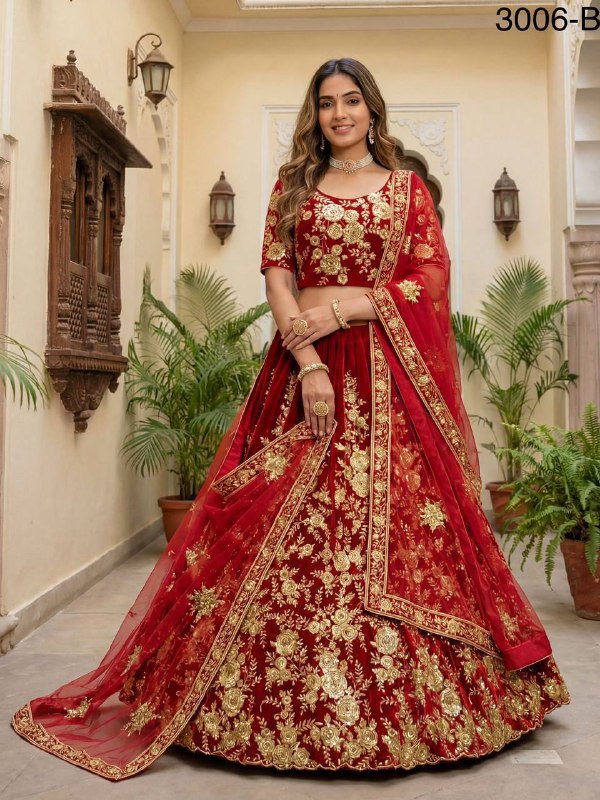 Premium Velvet Lehenga Choli Set – Floral Embroidery, Sequins & Zari Work