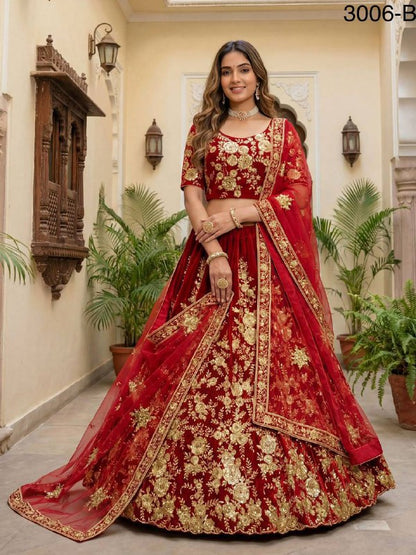 Premium Velvet Lehenga Choli Set – Floral Embroidery, Sequins & Zari Work