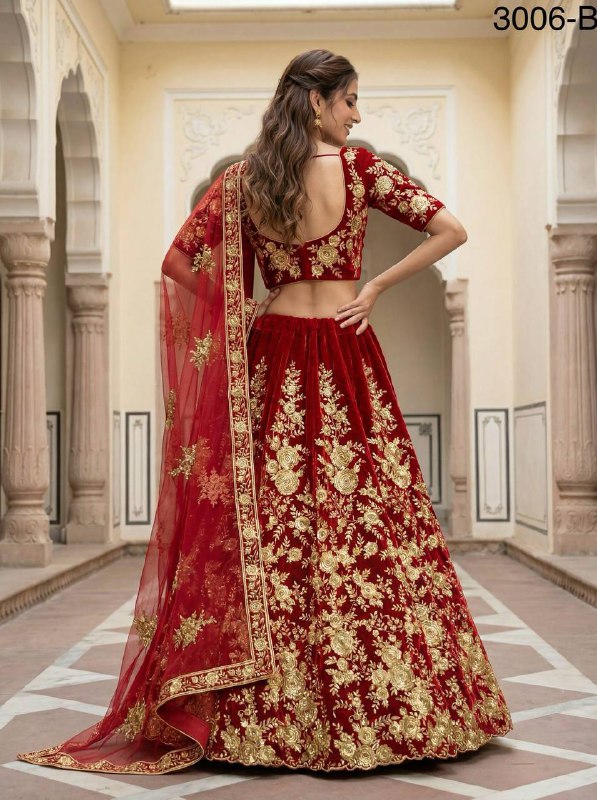 Premium Velvet Lehenga Choli Set – Floral Embroidery, Sequins & Zari Work