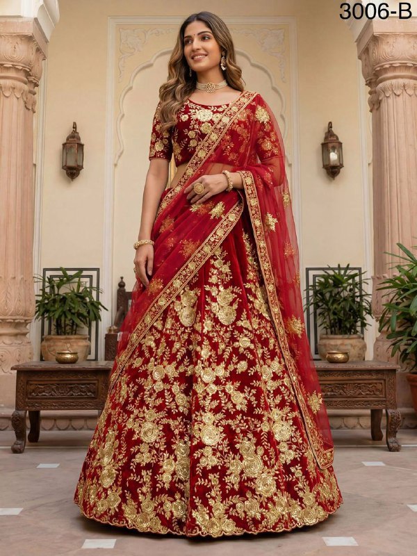 Premium Velvet Lehenga Choli Set – Floral Embroidery, Sequins & Zari Work