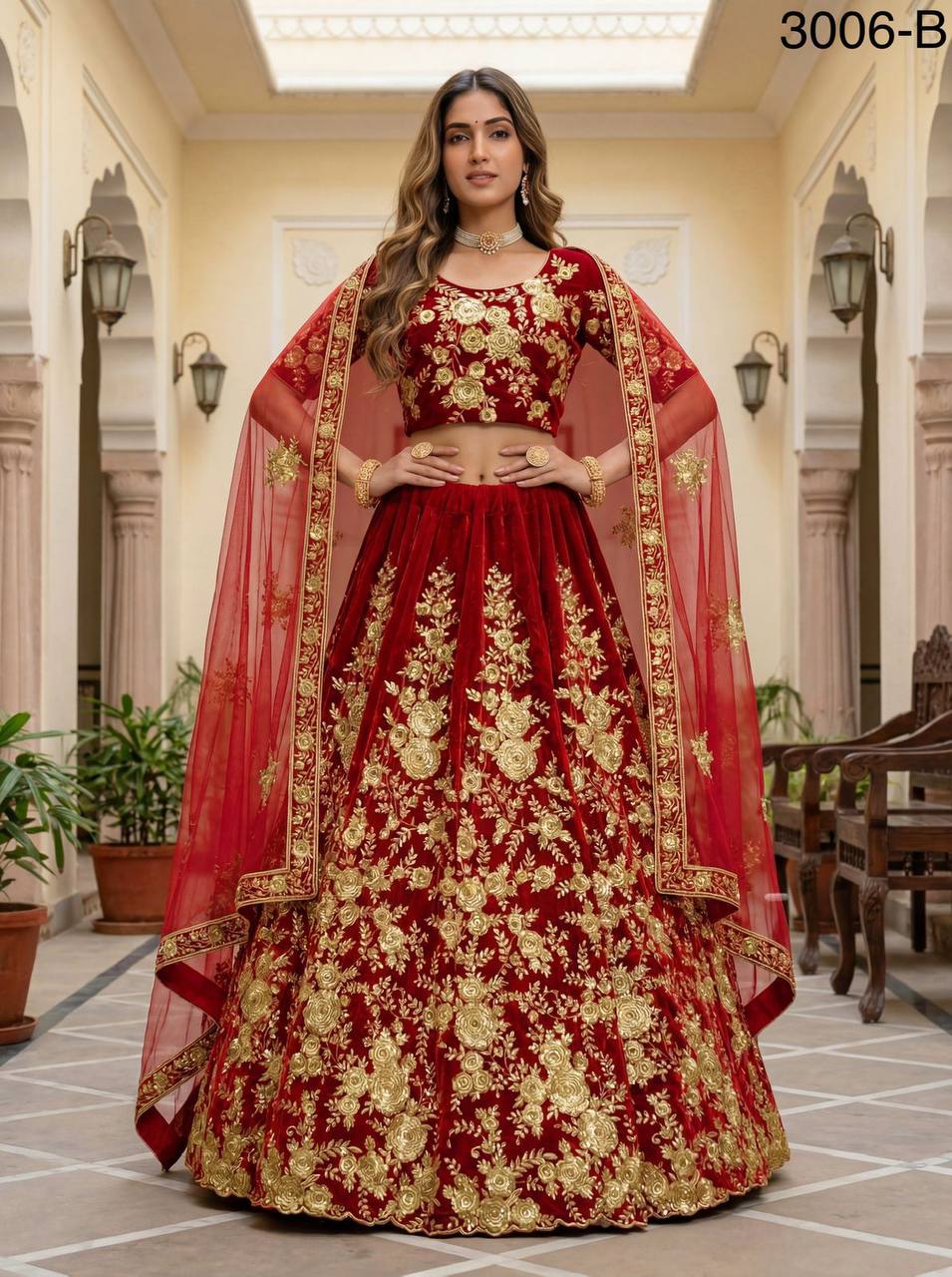 Premium Velvet Lehenga Choli Set – Floral Embroidery, Sequins & Zari Work