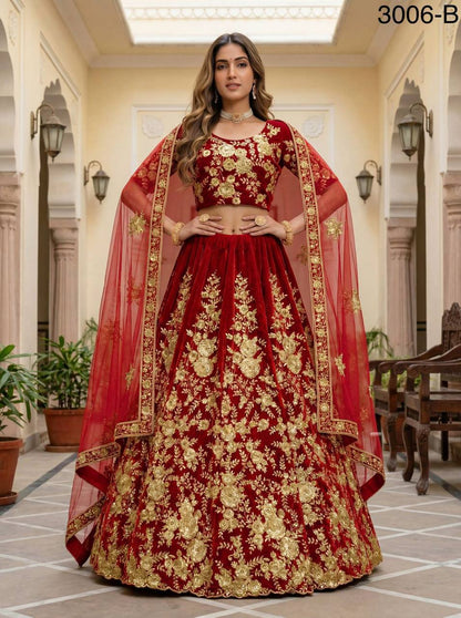 Premium Velvet Lehenga Choli Set – Floral Embroidery, Sequins & Zari Work