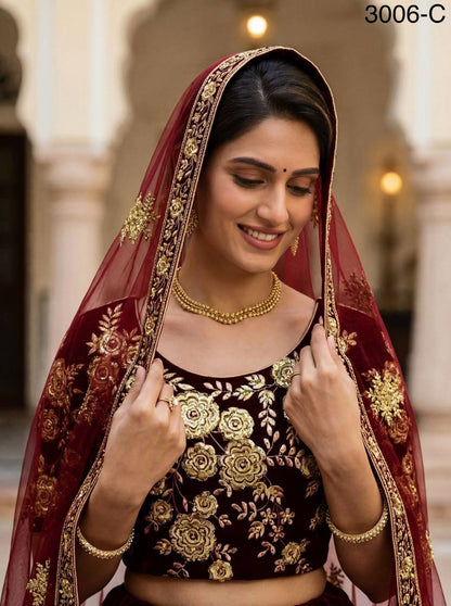 Premium Velvet Lehenga Choli Set – Floral Embroidery, Sequins & Zari Work