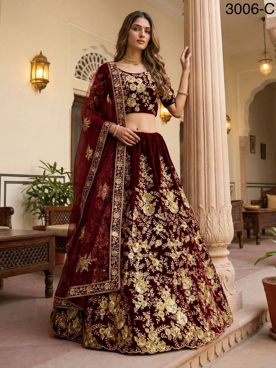 Premium Velvet Lehenga Choli Set – Floral Embroidery, Sequins & Zari Work