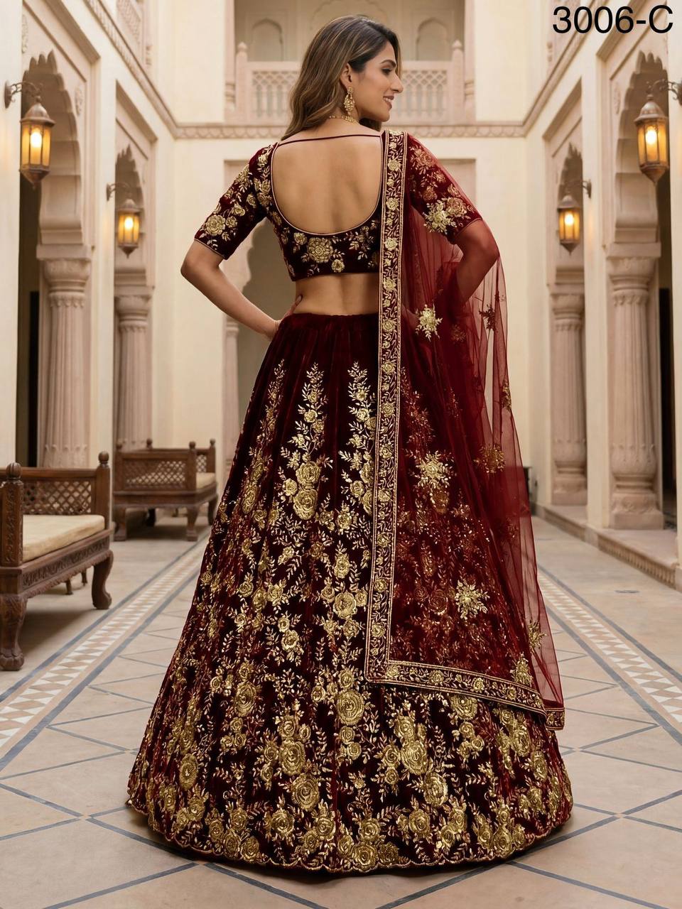 Premium Velvet Lehenga Choli Set – Floral Embroidery, Sequins & Zari Work