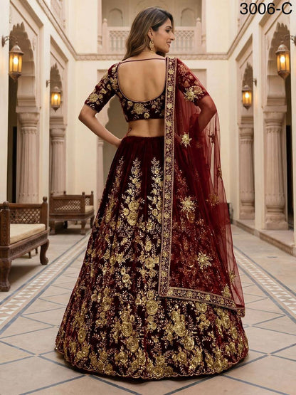 Premium Velvet Lehenga Choli Set – Floral Embroidery, Sequins & Zari Work