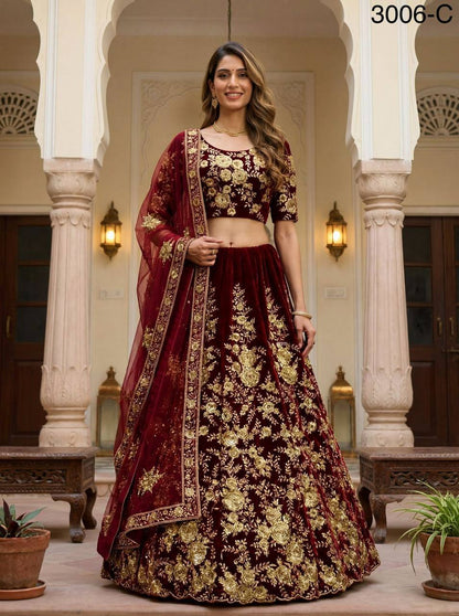 Premium Velvet Lehenga Choli Set – Floral Embroidery, Sequins & Zari Work