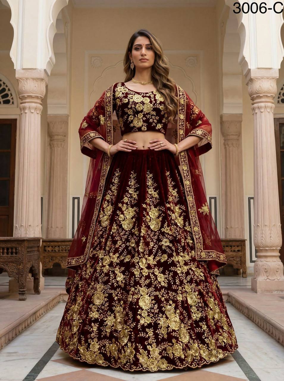 Premium Velvet Lehenga Choli Set – Floral Embroidery, Sequins & Zari Work