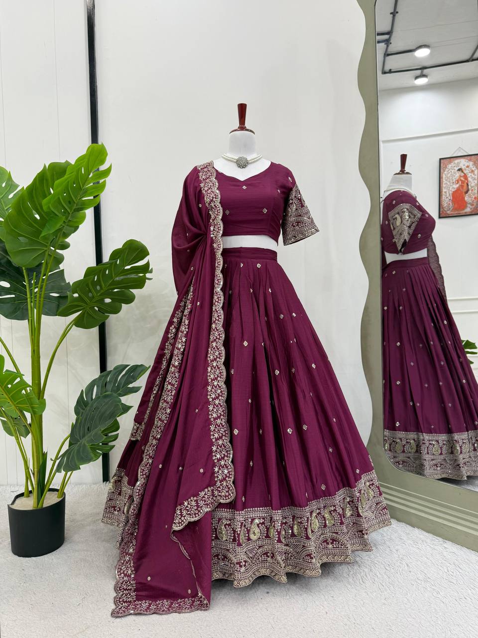 Premium Heavy Chinon Silk Lehenga Set – Thread & Sequins Work with Dupatta