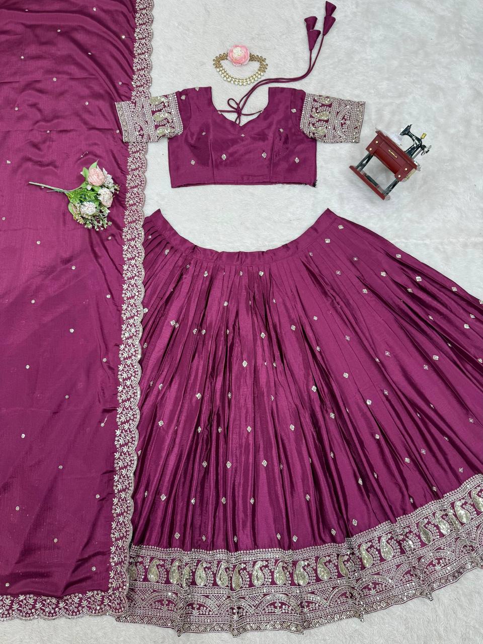 Premium Heavy Chinon Silk Lehenga Set – Thread & Sequins Work with Dupatta