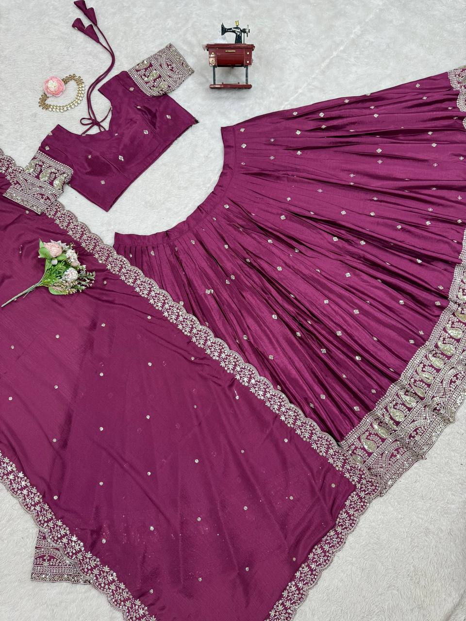 Premium Heavy Chinon Silk Lehenga Set – Thread & Sequins Work with Dupatta