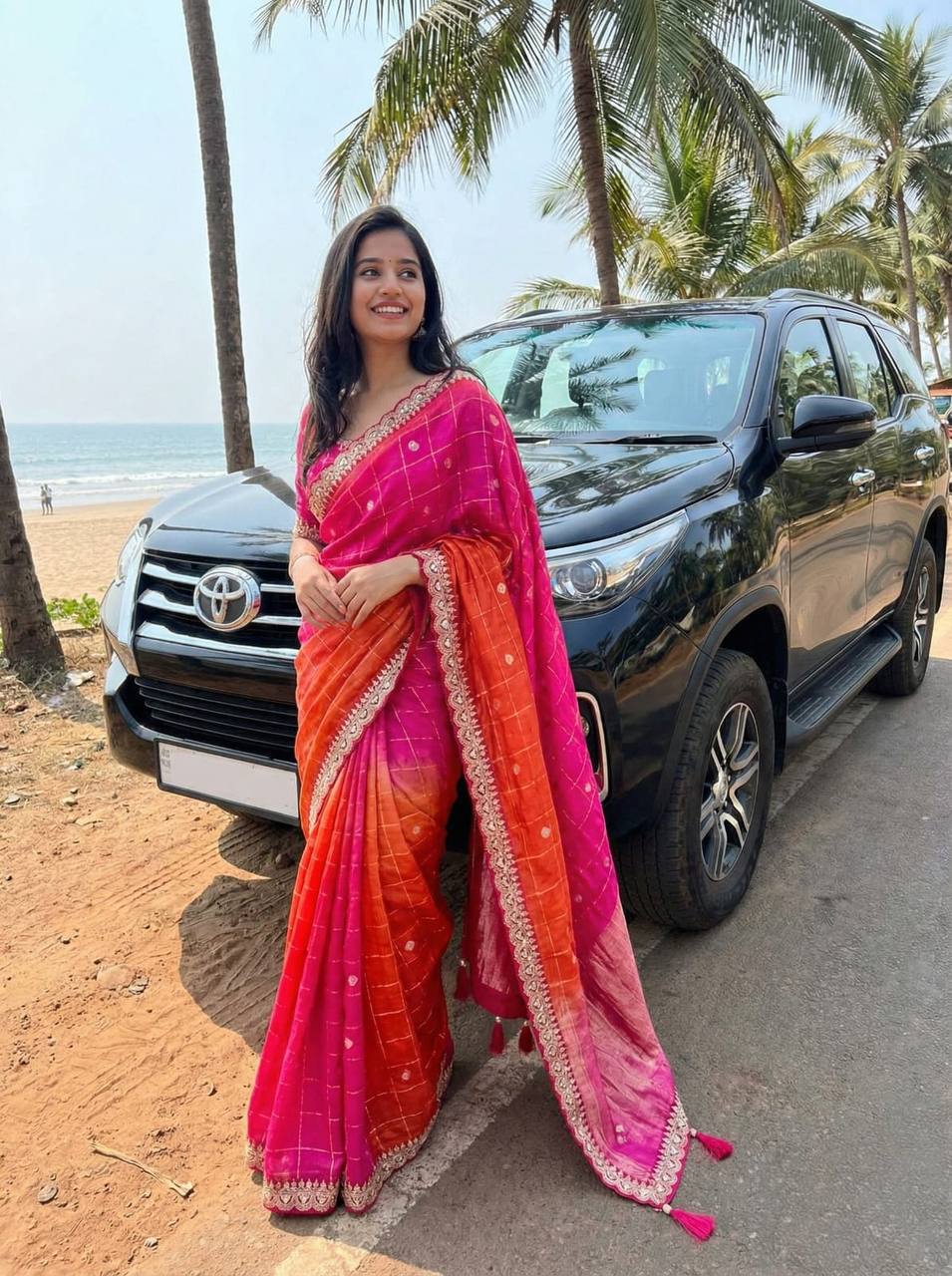 Premium Chinnon Viscose Saree – Hand Dyed Zari Checks with Sequins Border & Tassels